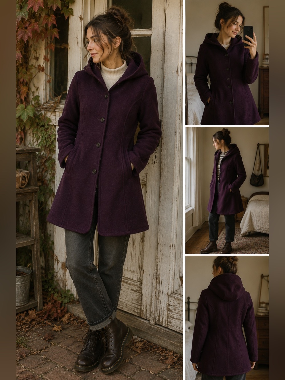 Womens L.L. Bean Purple Hooded Fleece Lined Button Down Coat Jacket Size Large